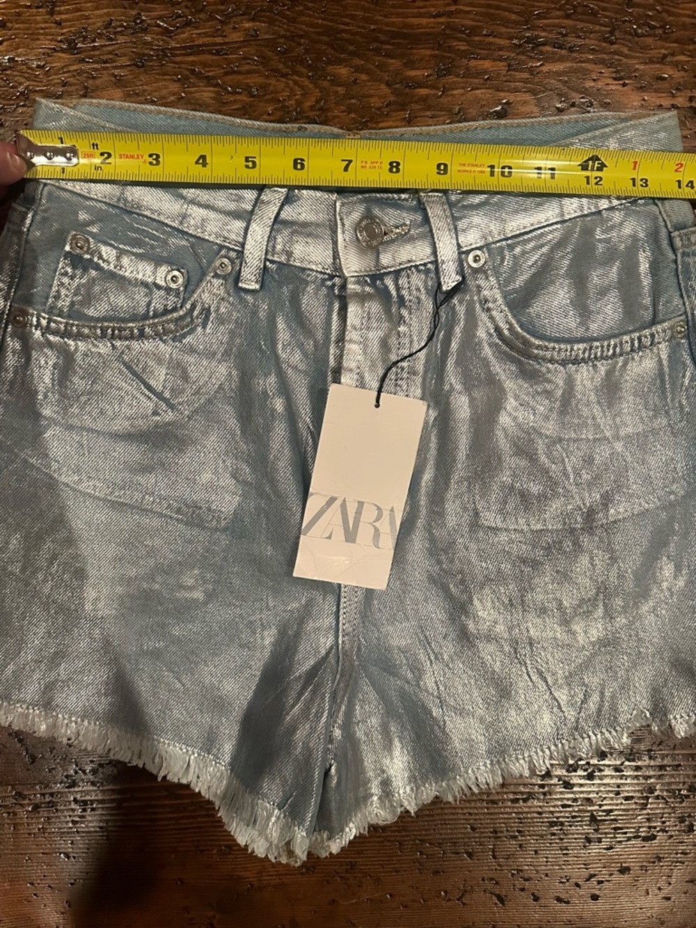 Zara Silver-Blue Metallic High-Waist Denim Shorts - Picture 8 of 9